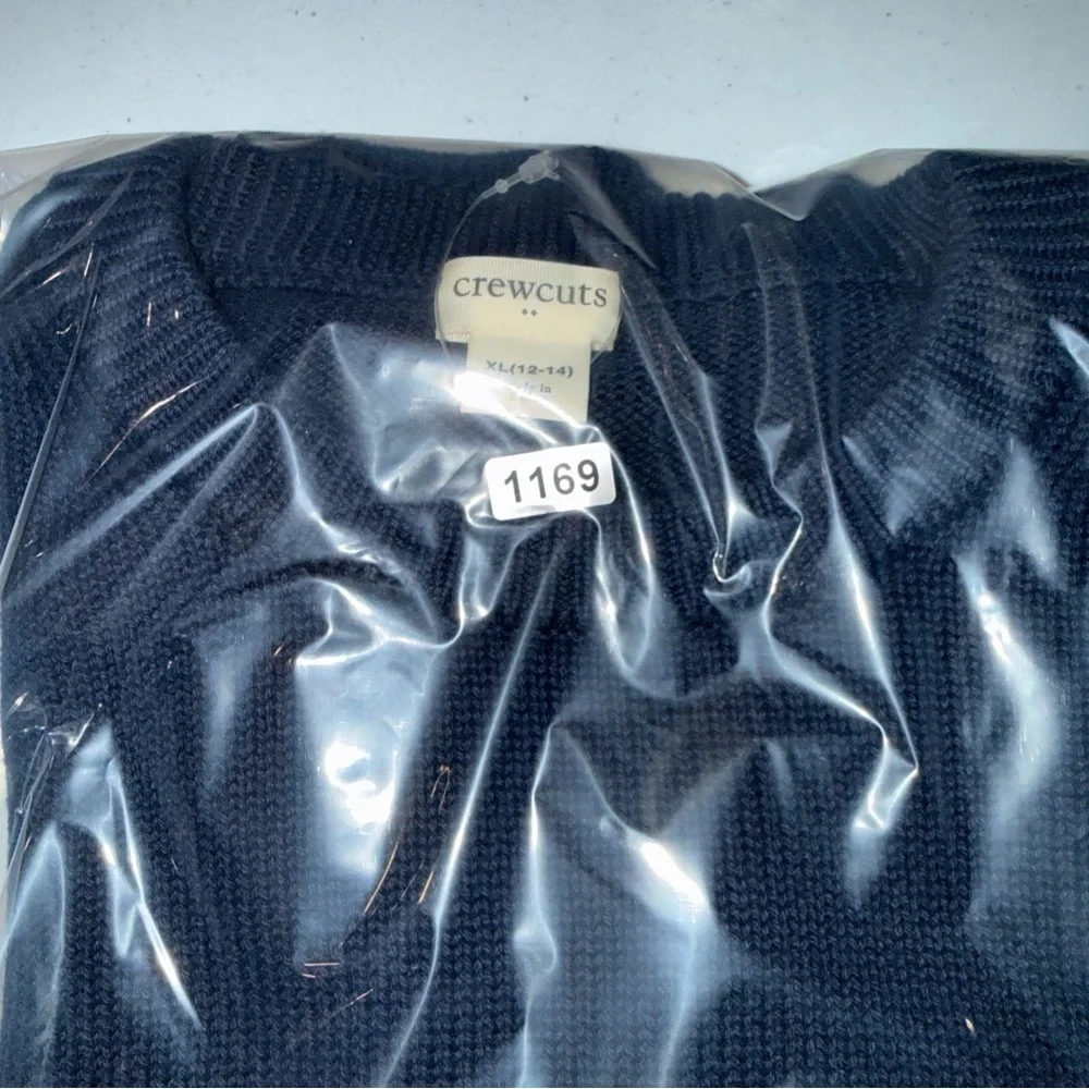 J Crew Crewcuts Boys XL 12-14 Navy Blue Striped‎ Cotton Knit Crewneck Sweater